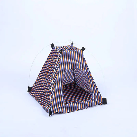Creative Washable Cartoon Pet Bed with Foldable Tent – Striped Polyester (42x42x40cm)