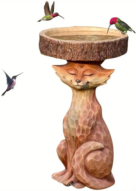 Outdoor Bird Bath Bowl with Fox Resin Statue – Garden Decor & Wildlife Feeder
