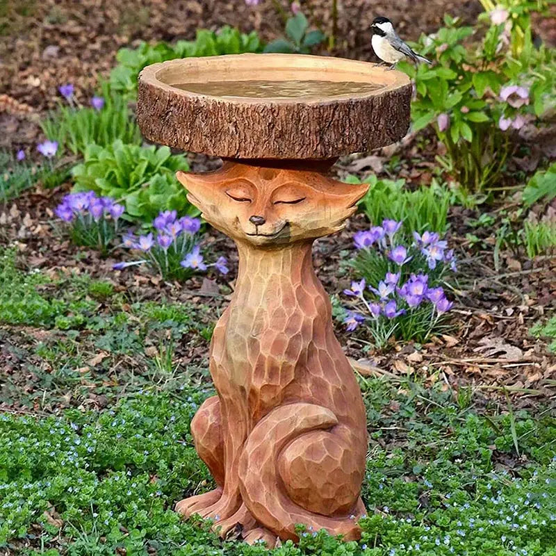 Outdoor Bird Bath Bowl with Fox Resin Statue – Garden Decor & Wildlife Feeder