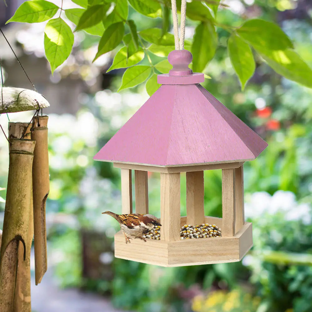 Hanging Wooden Bird Feeder Water Dispenser - Pink/Blue Garden Birdhouse Decor