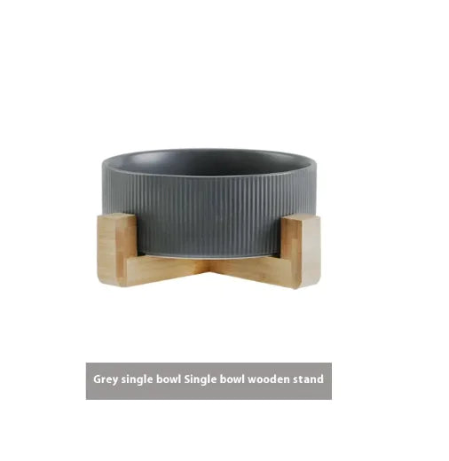 Elevated Pet Ceramic Bowl with Wooden Stand - Anti-Tip Stable Design