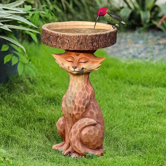 Outdoor Bird Bath Bowl with Fox Resin Statue – Garden Decor & Wildlife Feeder