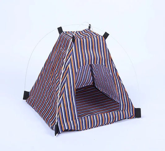 Creative Washable Cartoon Pet Bed with Foldable Tent – Striped Polyester (42x42x40cm)