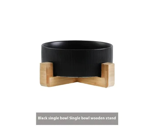 Elevated Pet Ceramic Bowl with Wooden Stand - Anti-Tip Stable Design