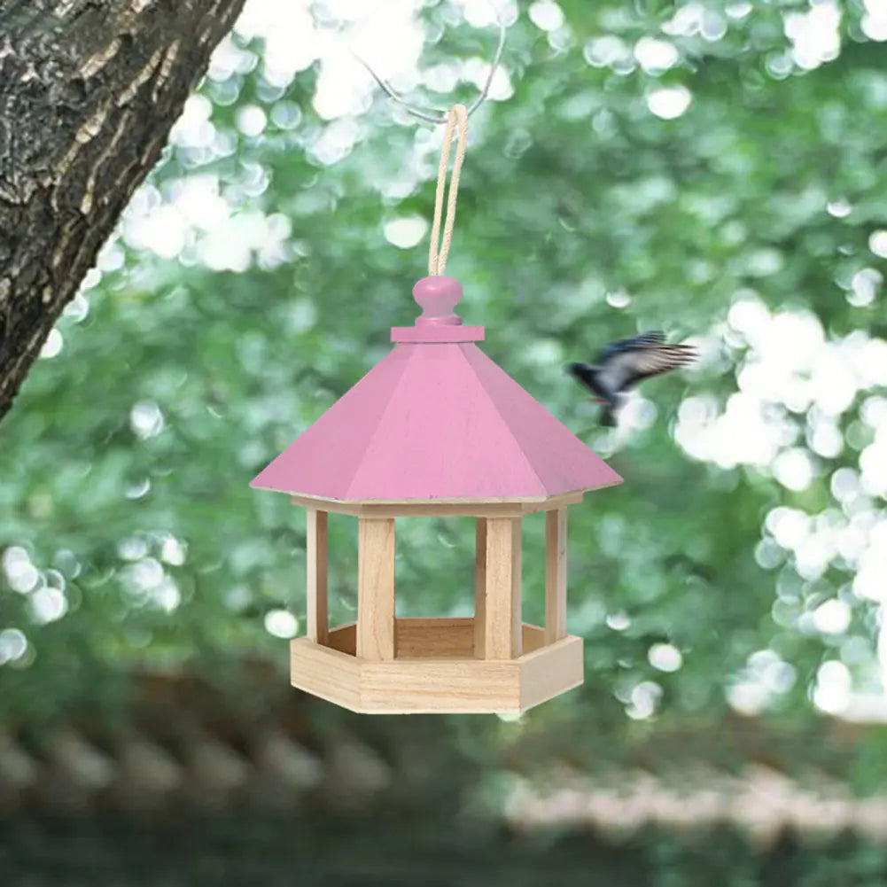 Hanging Wooden Bird Feeder Water Dispenser - Pink/Blue Garden Birdhouse Decor