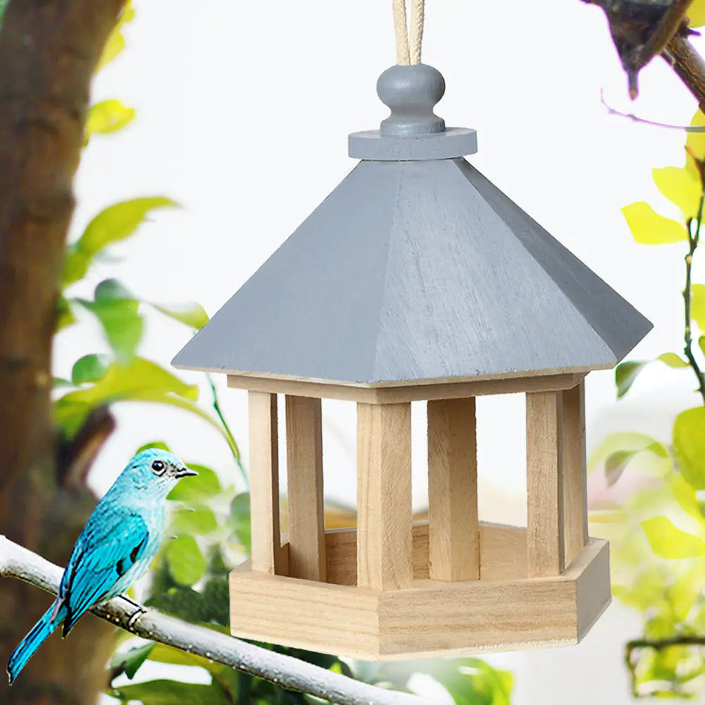 Hanging Wooden Bird Feeder Water Dispenser - Pink/Blue Garden Birdhouse Decor
