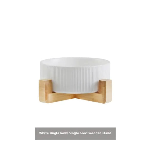 Elevated Pet Ceramic Bowl with Wooden Stand - Anti-Tip Stable Design