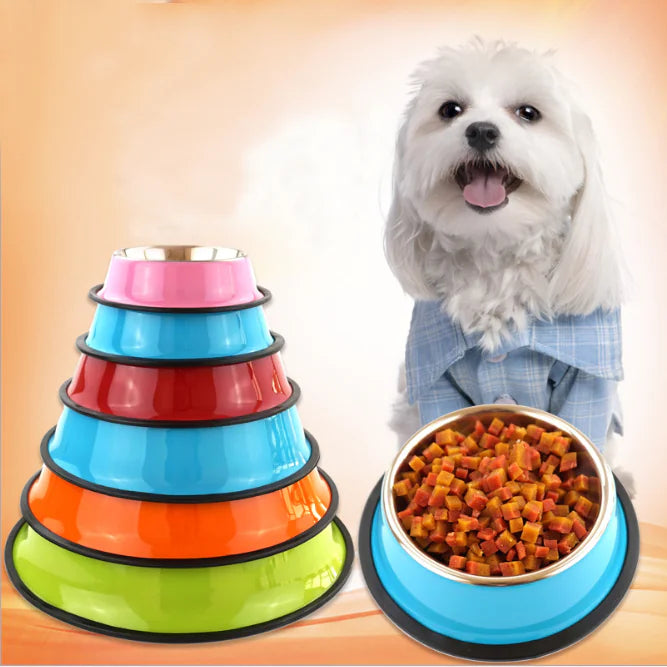 Stainless Steel Pet Bowl with Non-Slip Rubber Base – 6 Colors 15-34cm Sizes