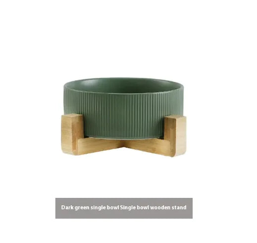 Elevated Pet Ceramic Bowl with Wooden Stand - Anti-Tip Stable Design