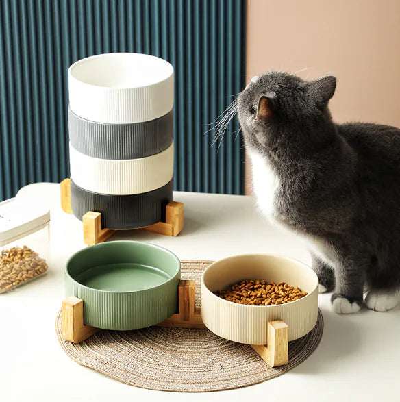 Elevated Pet Ceramic Bowl with Wooden Stand - Anti-Tip Stable Design