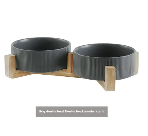 Elevated Pet Ceramic Bowl with Wooden Stand - Anti-Tip Stable Design
