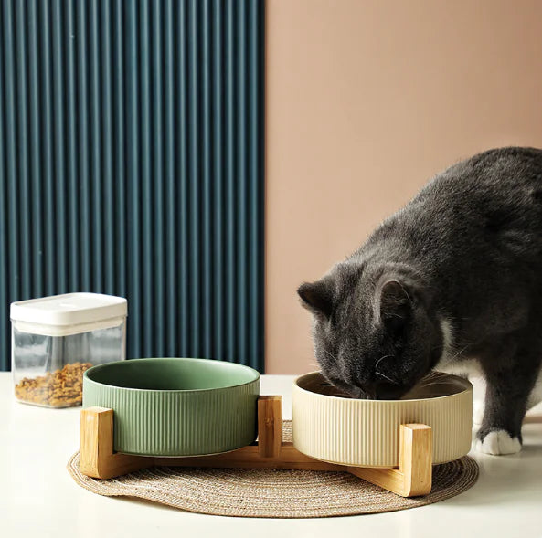 Elevated Pet Ceramic Bowl with Wooden Stand - Anti-Tip Stable Design