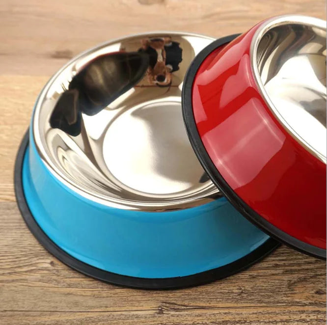Stainless Steel Pet Bowl with Non-Slip Rubber Base – 6 Colors 15-34cm Sizes