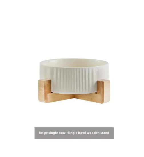 Elevated Pet Ceramic Bowl with Wooden Stand - Anti-Tip Stable Design