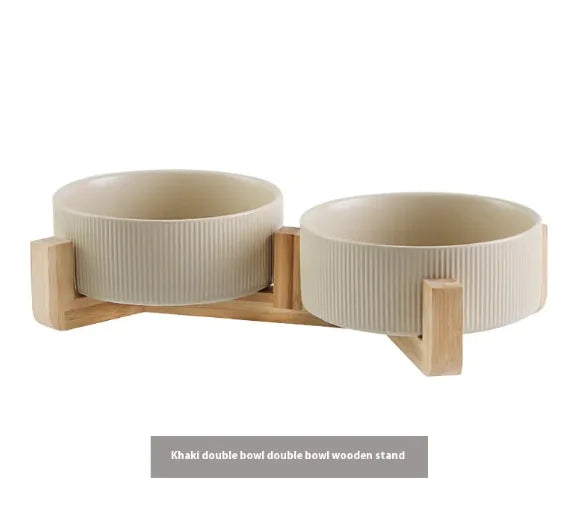 Elevated Pet Ceramic Bowl with Wooden Stand - Anti-Tip Stable Design
