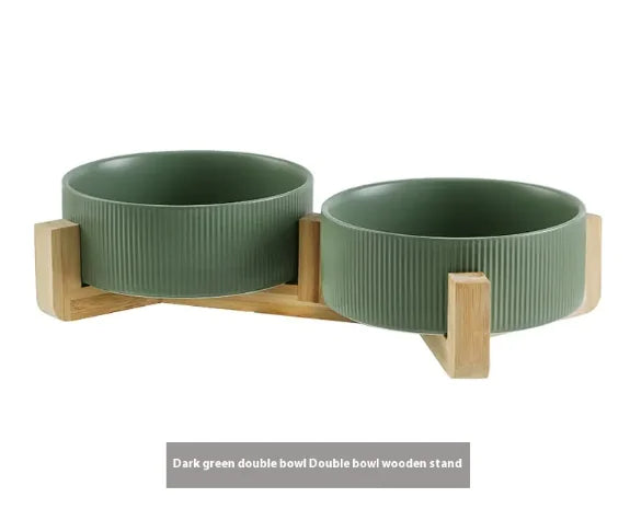 Elevated Pet Ceramic Bowl with Wooden Stand - Anti-Tip Stable Design