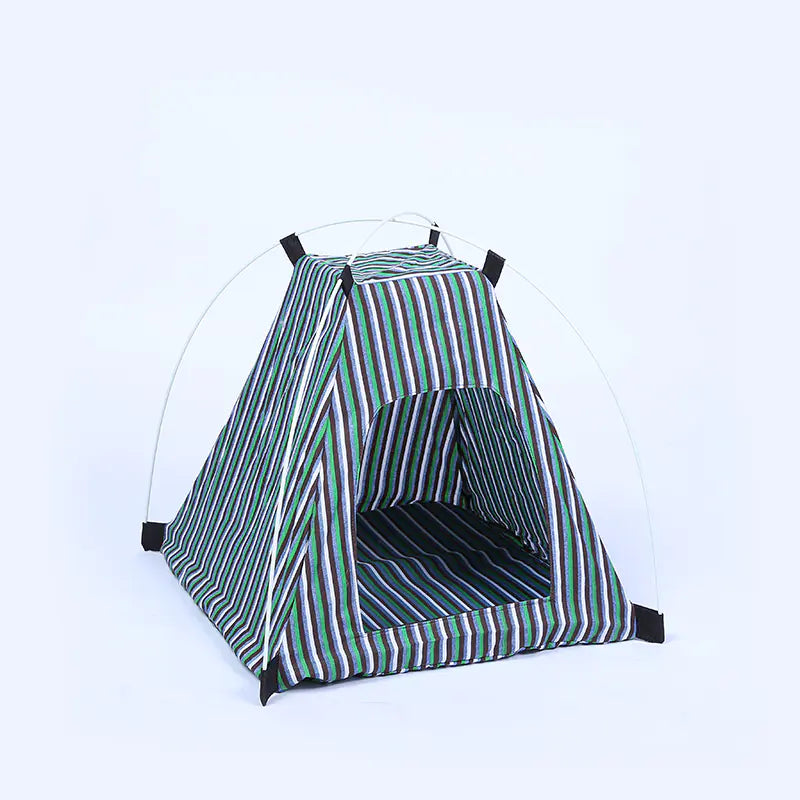 Creative Washable Cartoon Pet Bed with Foldable Tent – Striped Polyester (42x42x40cm)