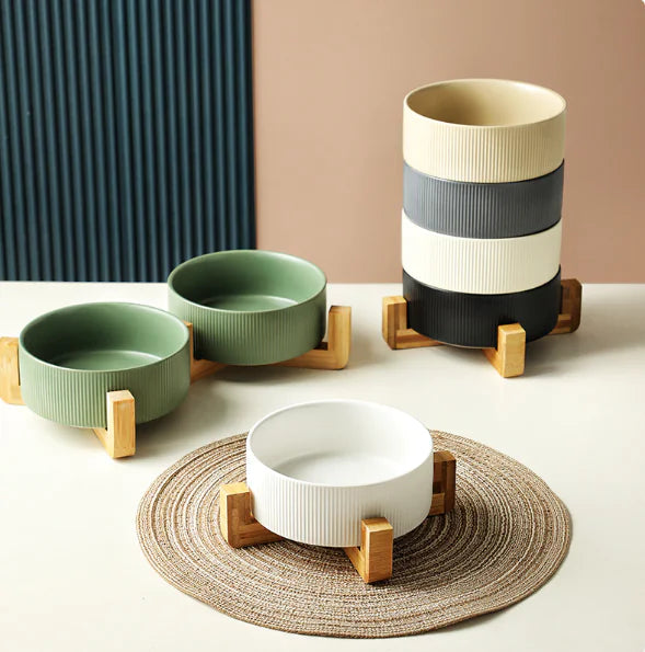 Elevated Pet Ceramic Bowl with Wooden Stand - Anti-Tip Stable Design