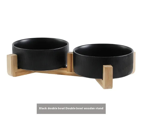 Elevated Pet Ceramic Bowl with Wooden Stand - Anti-Tip Stable Design