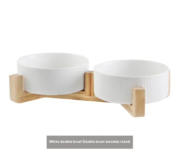 Elevated Pet Ceramic Bowl with Wooden Stand - Anti-Tip Stable Design